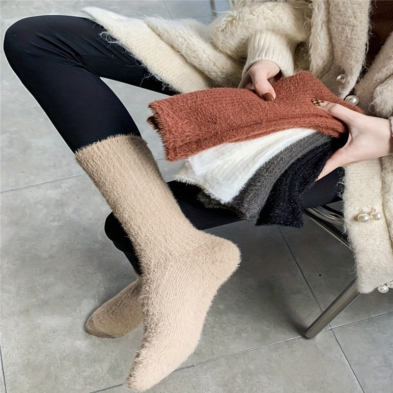 6 Pairs Solid Fuzzy Socks Mid Tube Women's Stockings