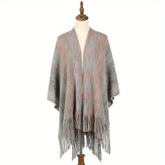 Knitted Fringed Shawl Wrap Long Cardigan