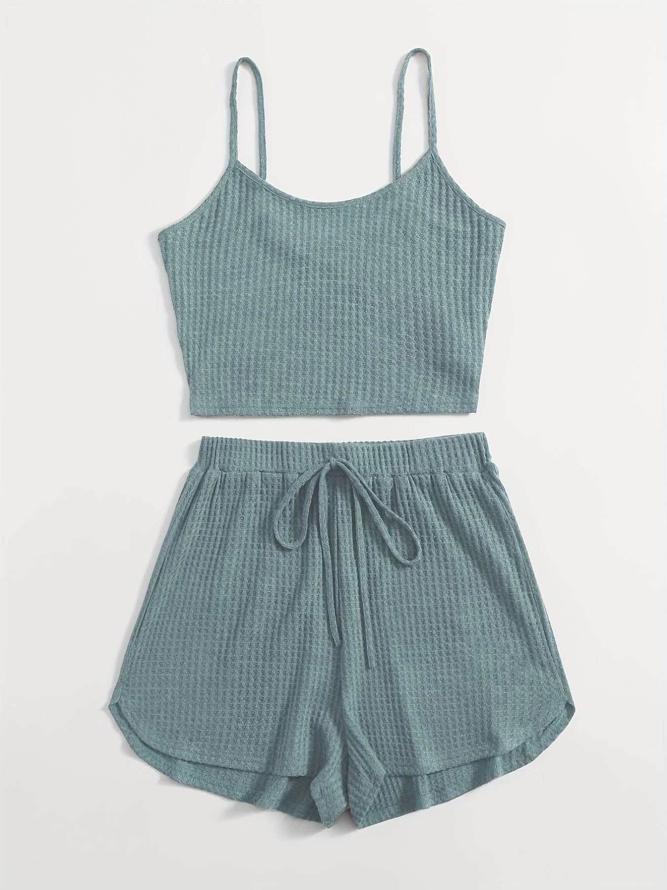 Waffle Knit Cami Top & Drawstring Shorts Set Women's Clothing
