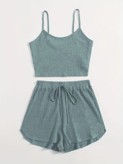 Waffle Knit Cami Top & Drawstring Shorts Set Women's Clothing