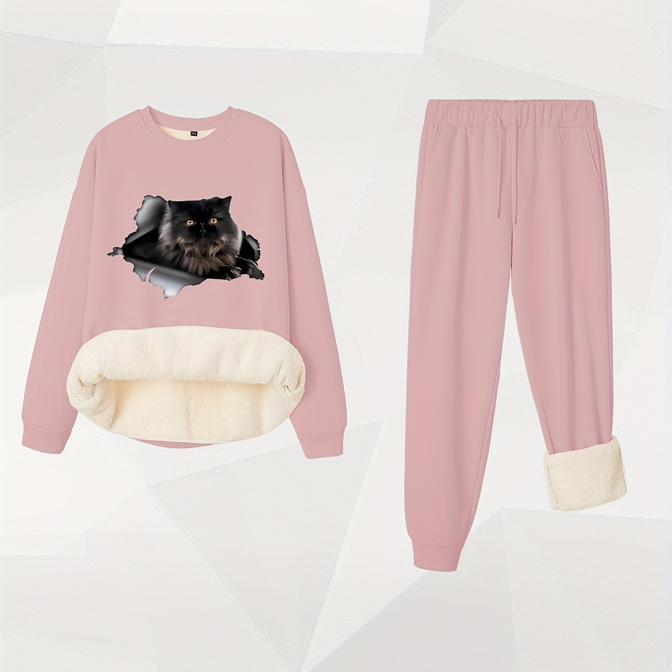 Women's Plus 3D Cat Print Fleece Top & Joggers Set