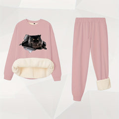 Women's Plus 3D Cat Print Fleece Top & Joggers Set