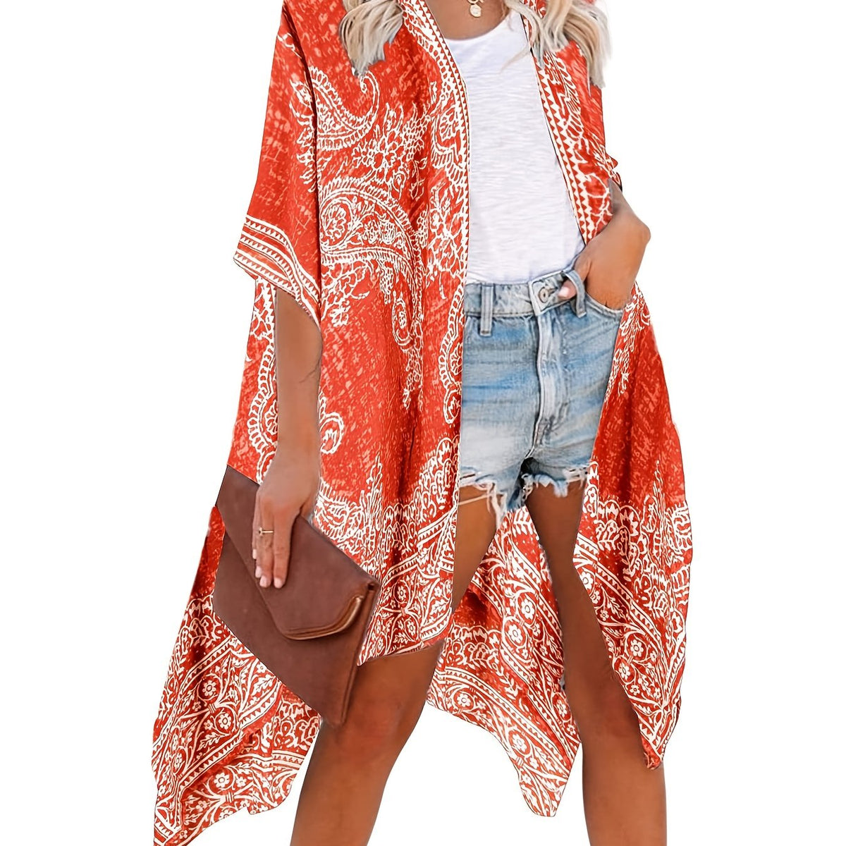 Boho Cover Up Plus Size Paisley Print Kimono