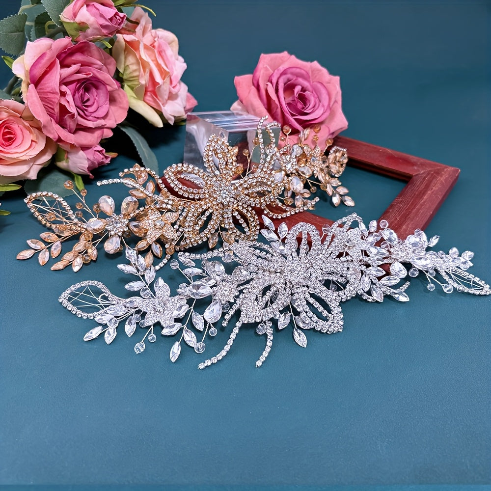 Sparkling Wedding Headpiece with Beaded Floral Arch & Sheer Panel