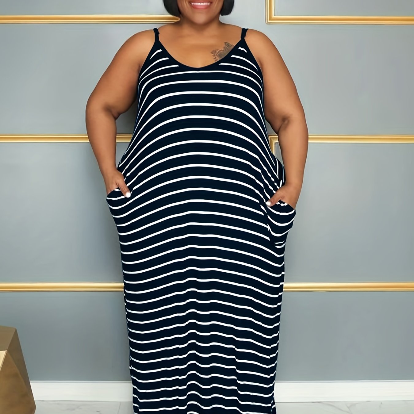  Stripe V Neck Maxi Dress With Pockets