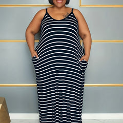  Stripe V Neck Maxi Dress With Pockets