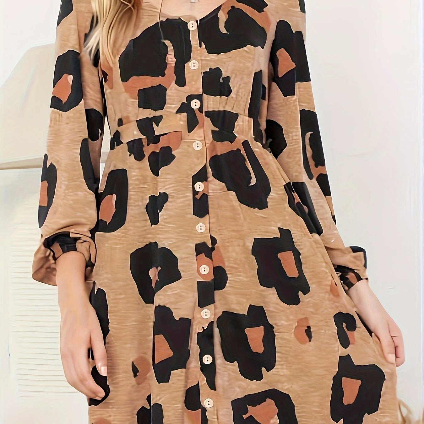 Leopard Print Button Decor Long Sleeve Plus Size Casual Dress