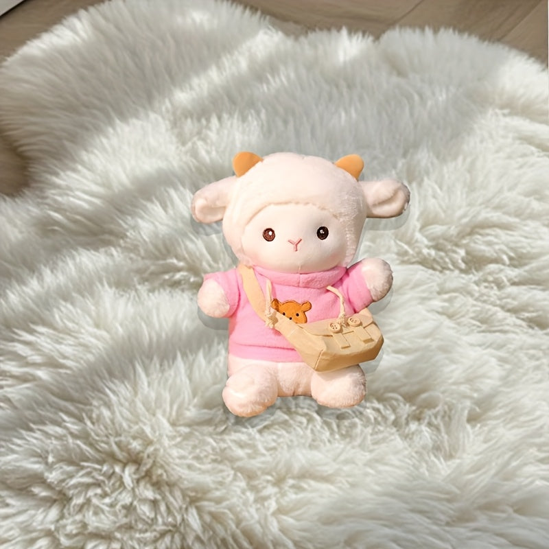 7.87in Plush Lamb Doll with Brown Horns & Bear Pattern Clothes Shoulder Bag