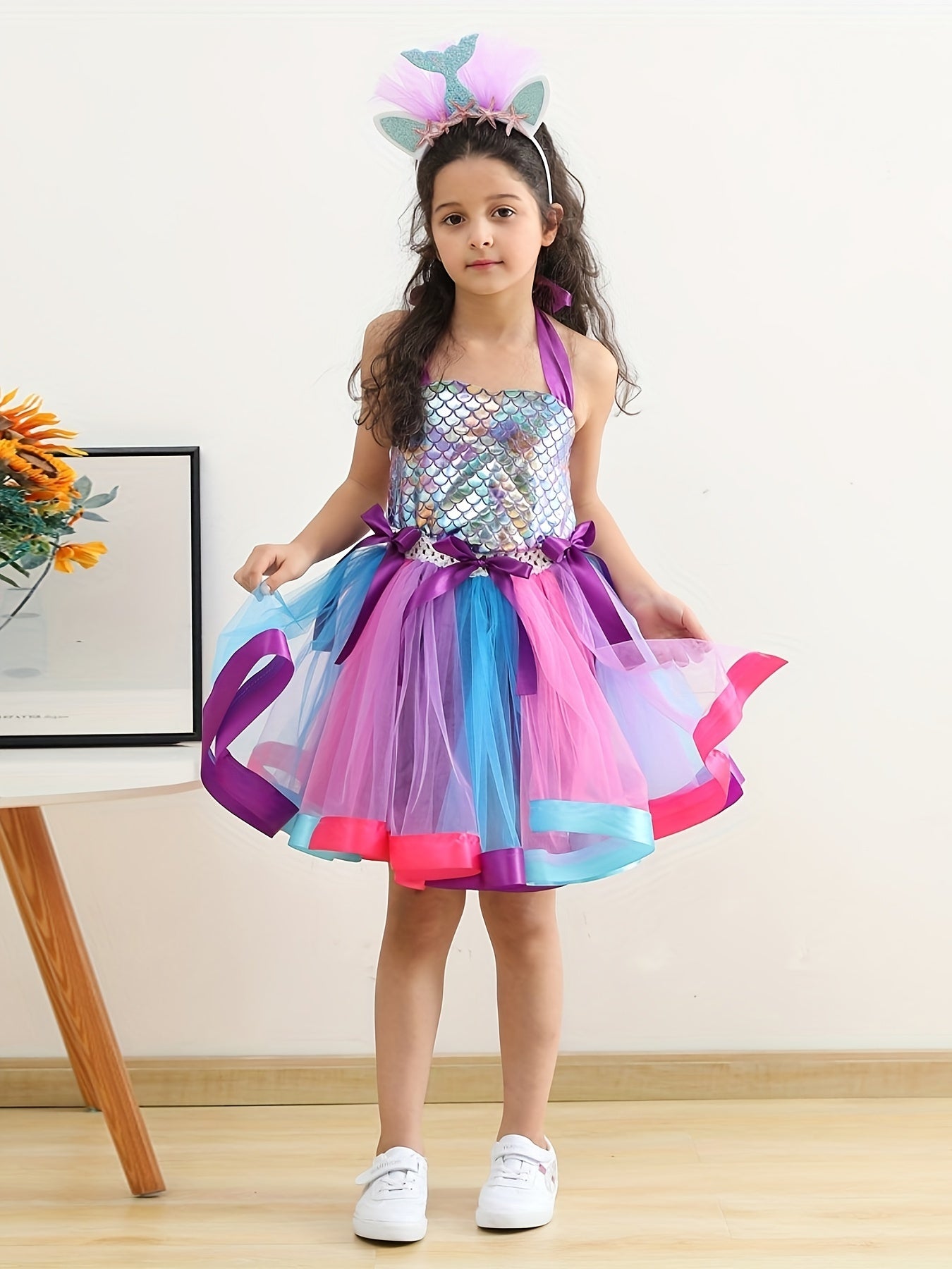 Mermaid Cosplay Costume & Headband Set Girl's Fish Scale Mesh Dress