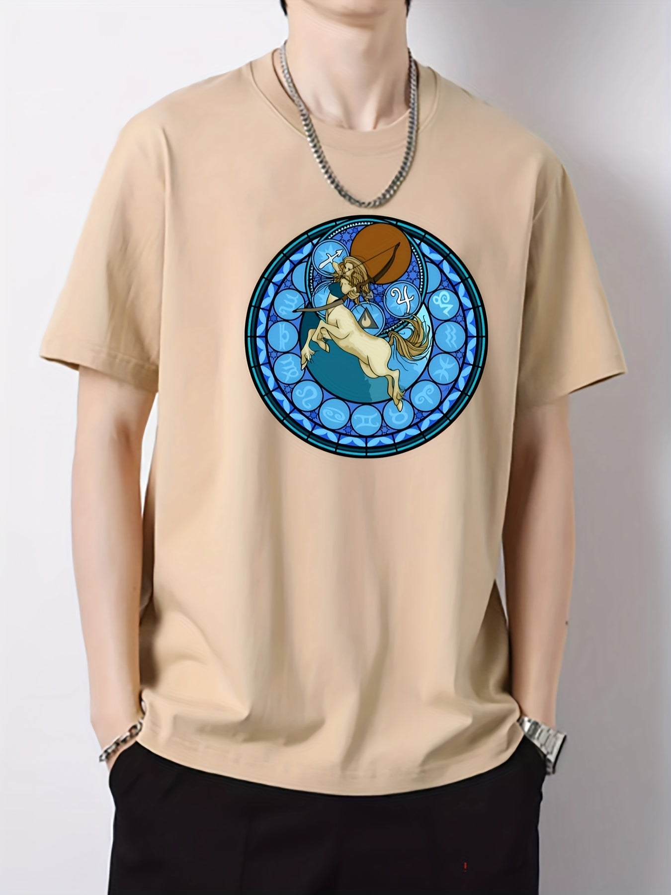 Zodiac Pattern Print Men's Graphic Crew Neck Tshirt