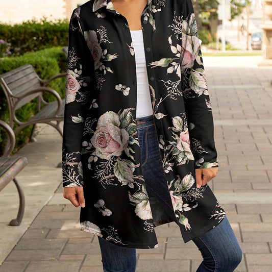  Floral Print Button Up Long Sleeve Tunic Shirt