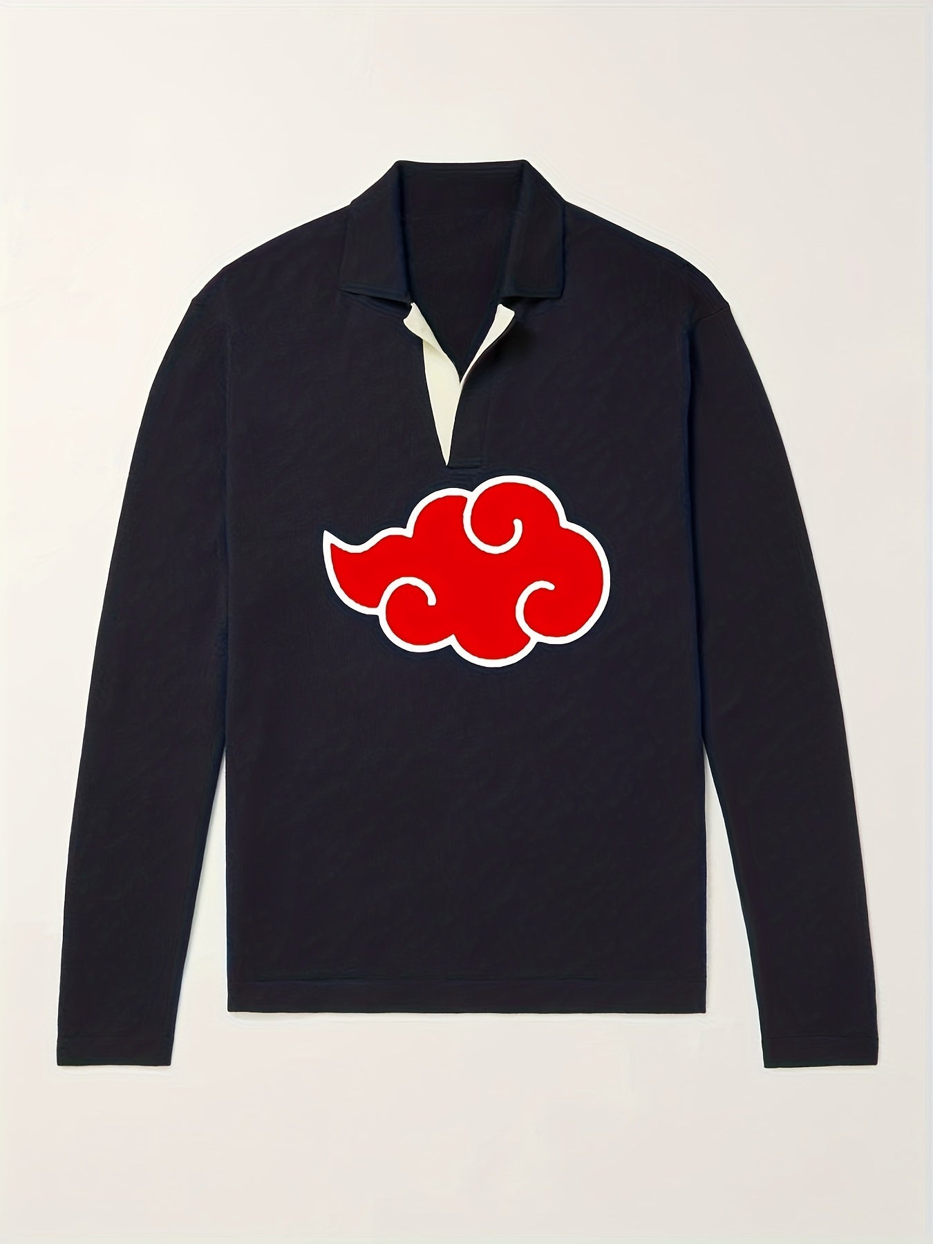 Anime Cloud Pattern Polo Sweater Men's Warm V Neck Pullover For Fall Winter
