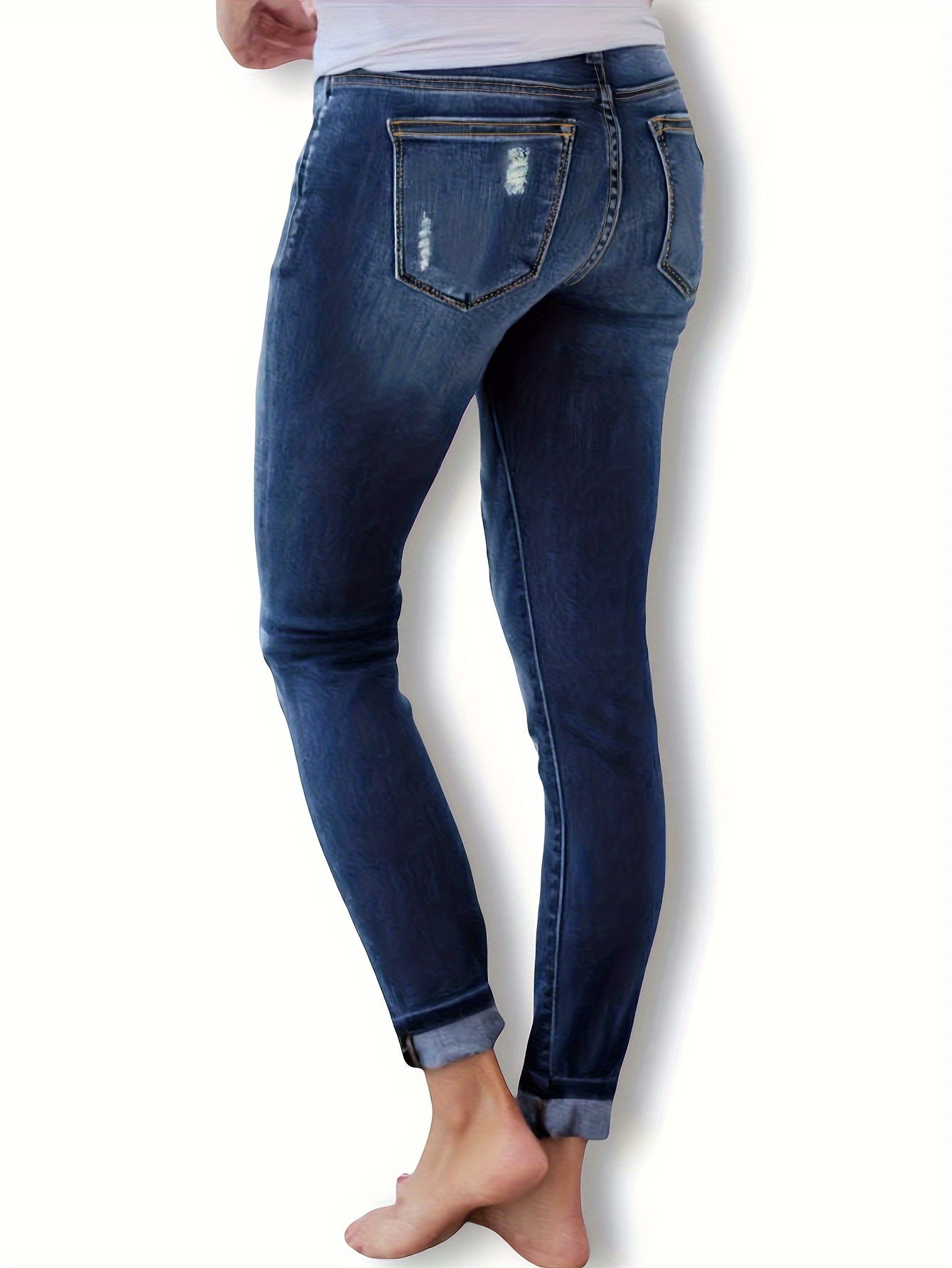  Leopard Skinny Jeans Washed Ripped Button Fly Casual Denim