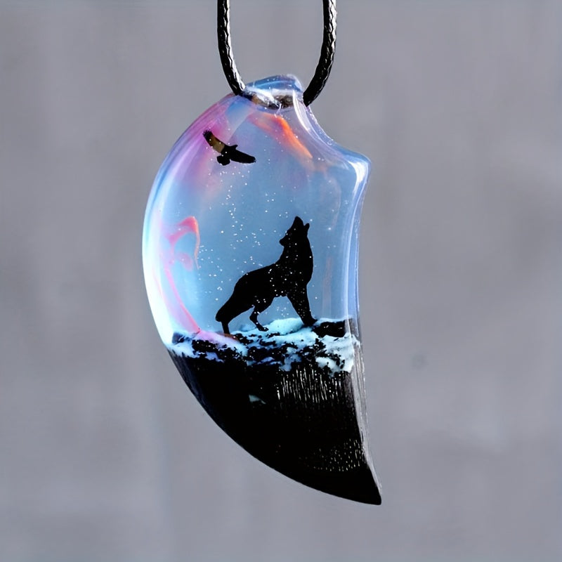 Wolf Resin Landscape Wood Pendant Animal Necklace for Men