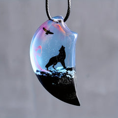Wolf Resin Landscape Wood Pendant Animal Necklace for Men