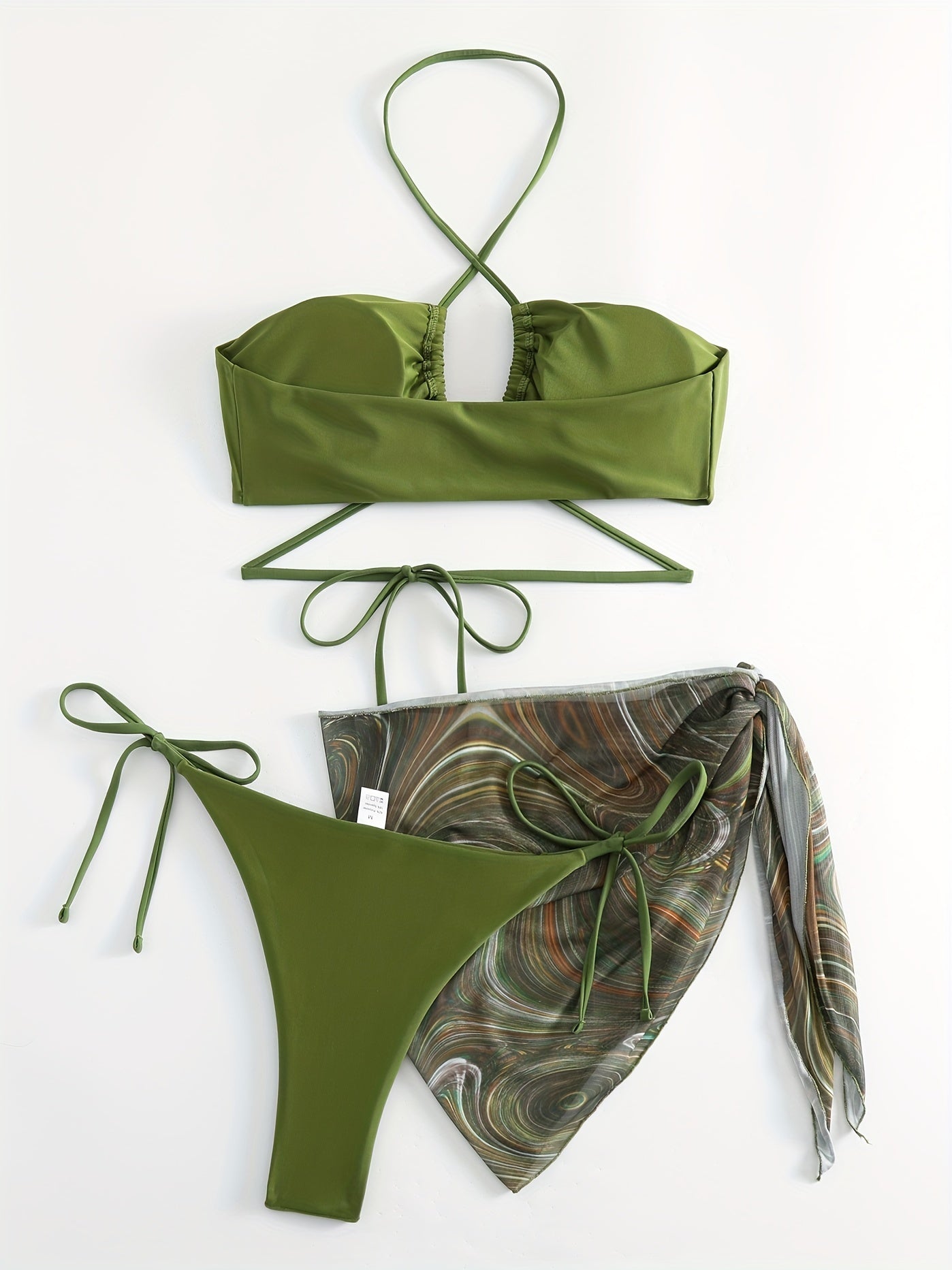 Lace Up Bikini Set & Print Cover Up Wrap