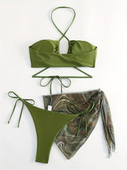 Lace Up Bikini Set & Print Cover Up Wrap