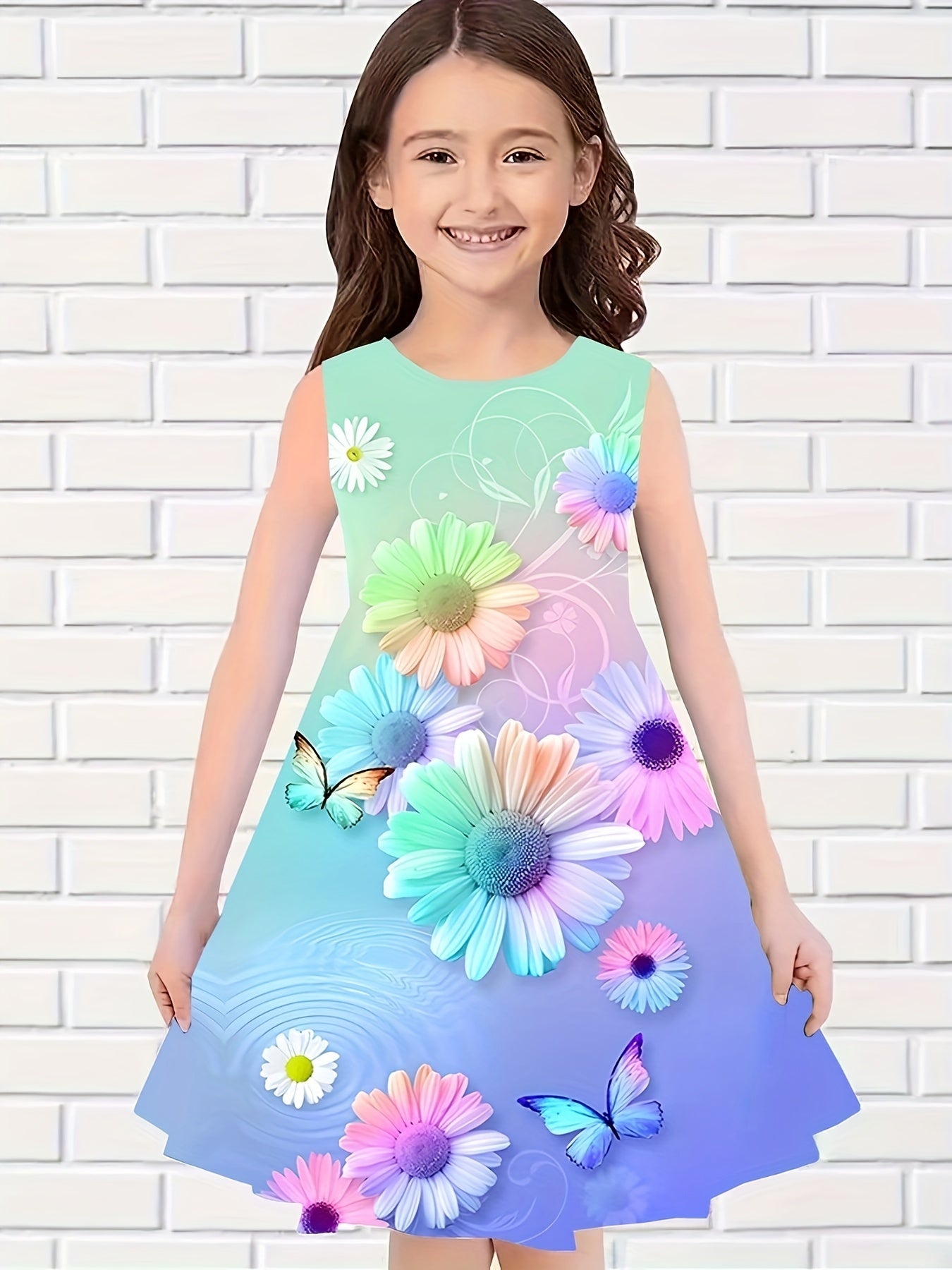 Girls Sweet Flower Graphic Sleeveless Dress