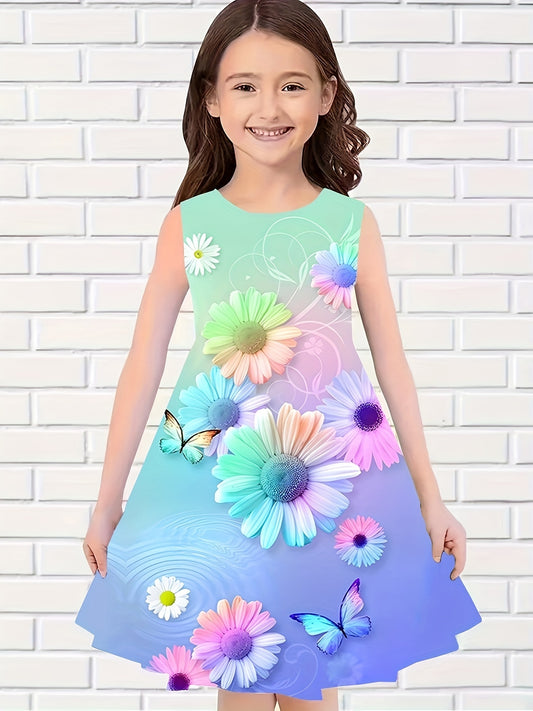 Girls Sweet Flower Graphic Sleeveless Dress
