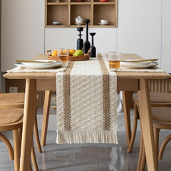 Bohemian Linen Thread Woven Crochet Table Runner with Tassels