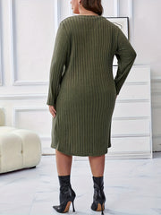  Solid Long Sleeve V Neck Ribbed Knit Sleep Dress