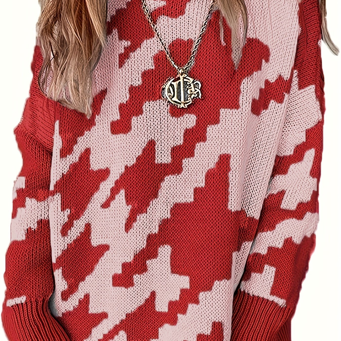  Houndstooth Print Turtle Neck Jumper