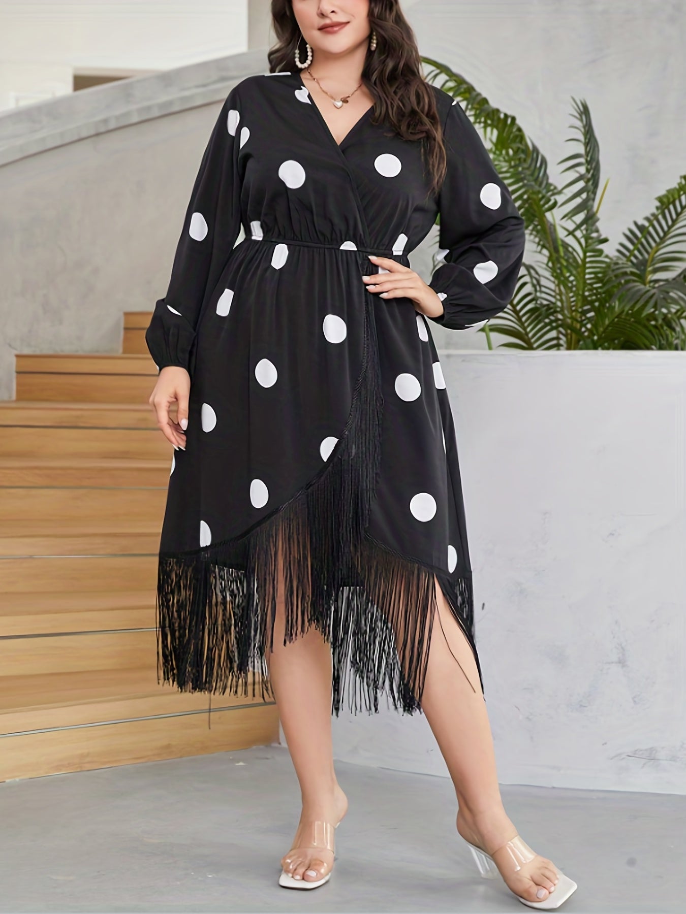  Dot Print Long Sleeve Wrap Dress