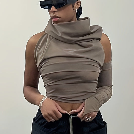 Ruched Crop Hoodie Halter Neck Backless Solid Hoodie