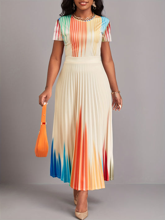 Colorful Pleated 2pc Set Crew Neck Short Sleeve Tops & Maxi Skirts Outfit