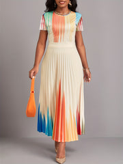 Colorful Pleated 2pc Set Crew Neck Short Sleeve Tops & Maxi Skirts Outfit