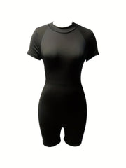 Solid Mock Neck Romper Casual Workout Short Sleeve Slim Romper Women's Clothing