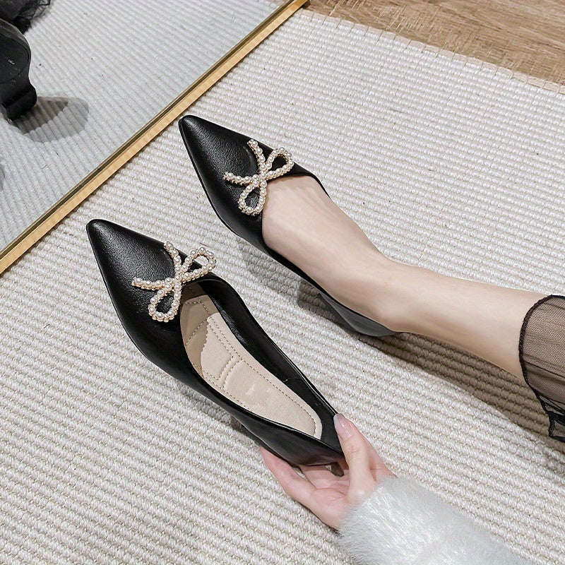 Women's Pointed Toe Flat Shoes Pearl Bow Slip On Office Work Ballet Flats