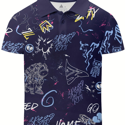 Graffiti Print Boys Creative Polo Shirt Casual Lightweight Short Sleeve Tee Tops