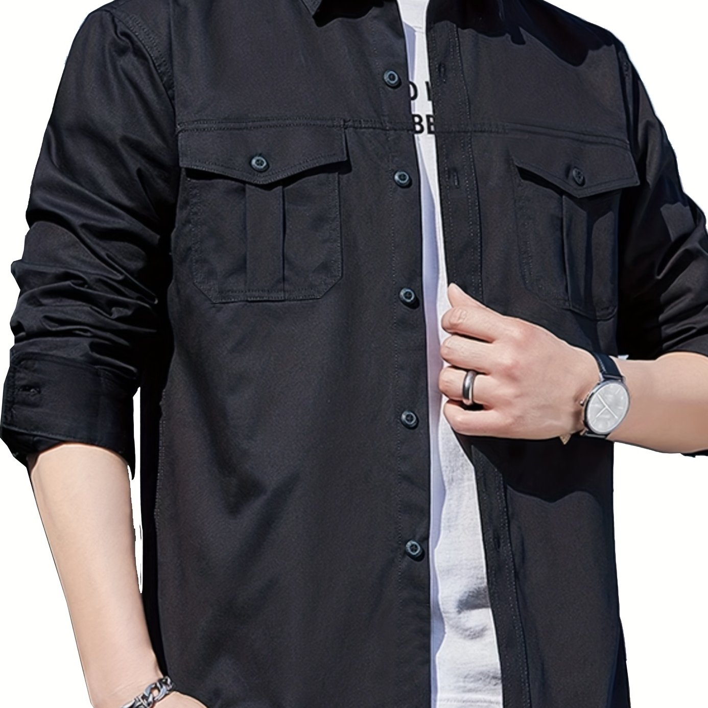 Men's Solid Cargo Shirts Casual Button Up Long Sleeve Shirt