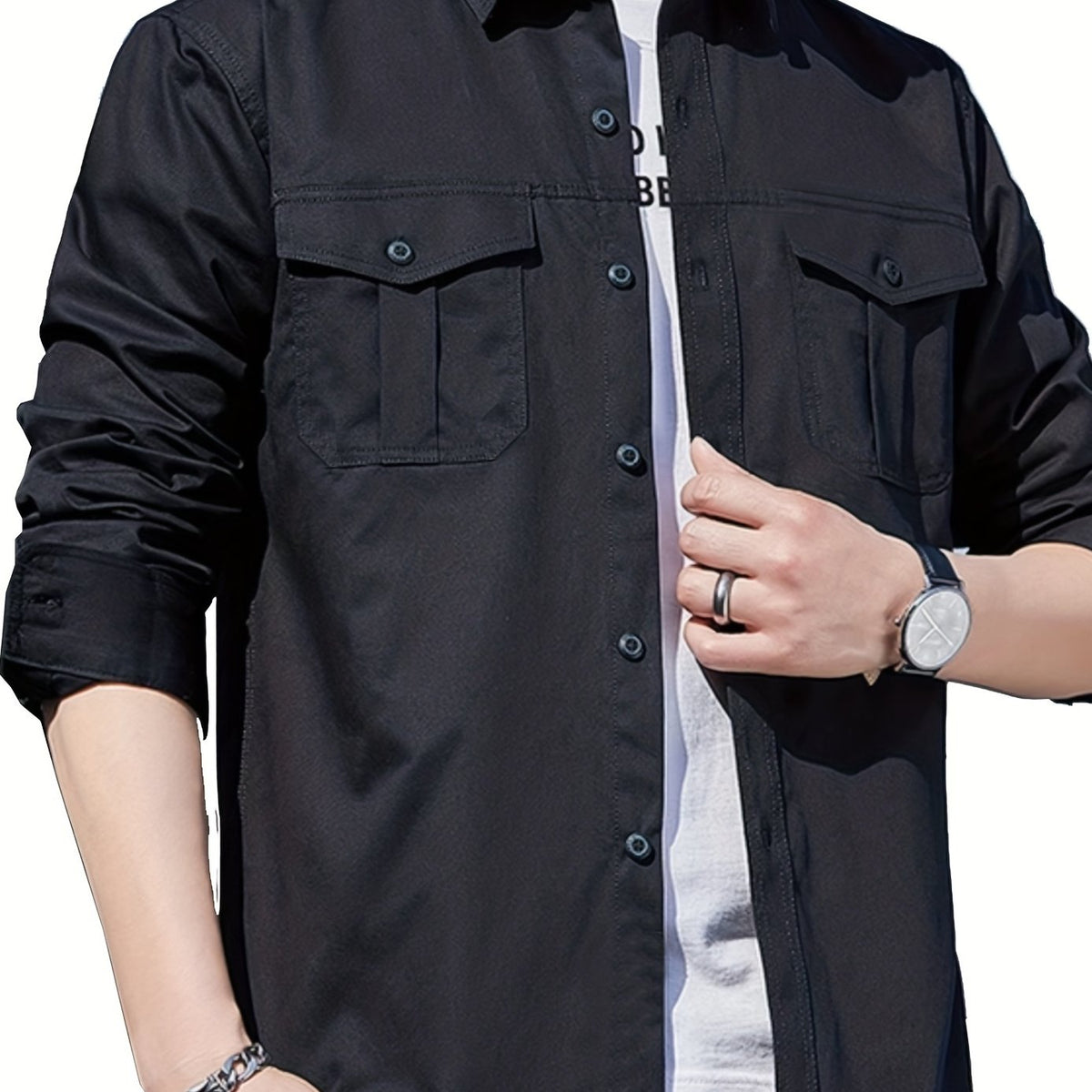 Men's Solid Cargo Shirts Casual Button Up Long Sleeve Shirt