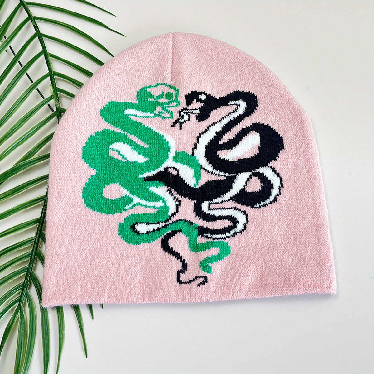 Pink Snake Jacquard Beanie Hat Soft Knit Hip Hop Cap