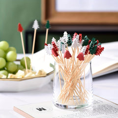 50 Pack Christmas Tree Cocktail Picks Bamboo Toothpicks with Leaf