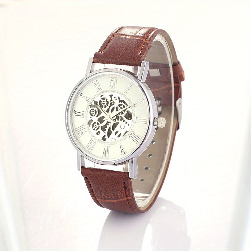 Leisure Couple Watch Roman Hollow Mechanical Quartz Leather Strap