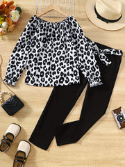 Girl's Leopard Print 2pcs Set Trumpet Sleeve Top & Pants Spring Fall