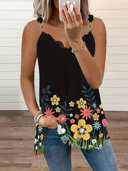 Floral Print Chain Cami Top V Neck Sexy Sleeveless Summer Cami