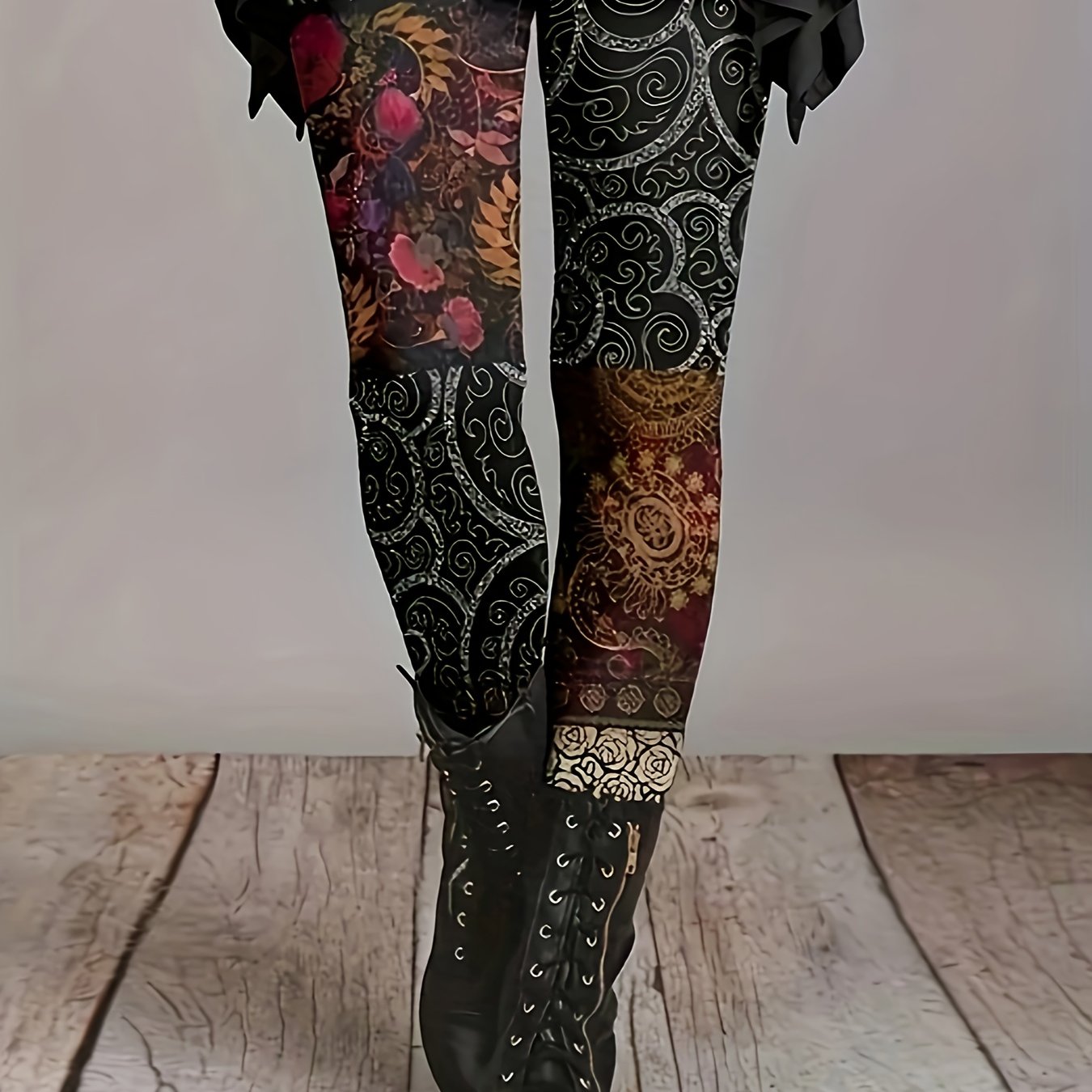  Colorblock Floral Print Leggings High Stretch Slimming Leggings