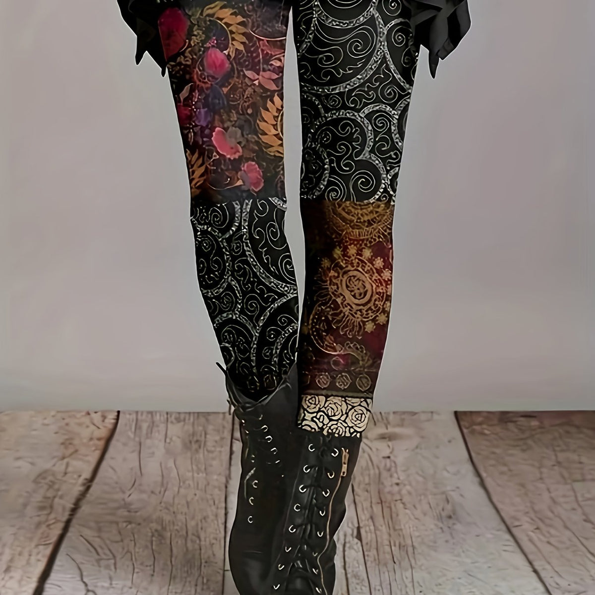  Colorblock Floral Print Leggings High Stretch Slimming Leggings