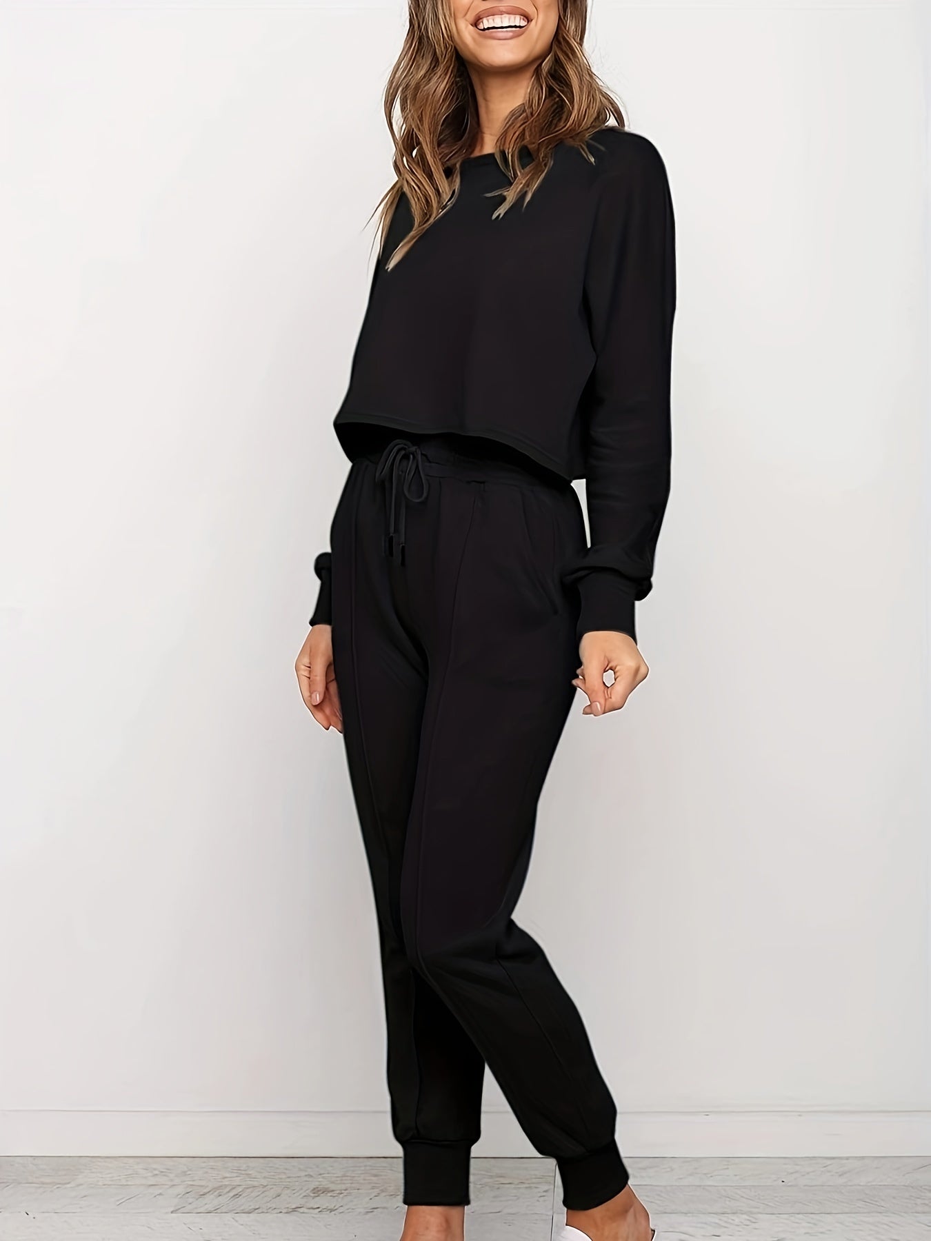 Plus Size Solid Long Sleeve Crop Top & Pants Set