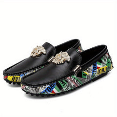 Men's Leather Loafer Slip On Shoes with Metal Decor