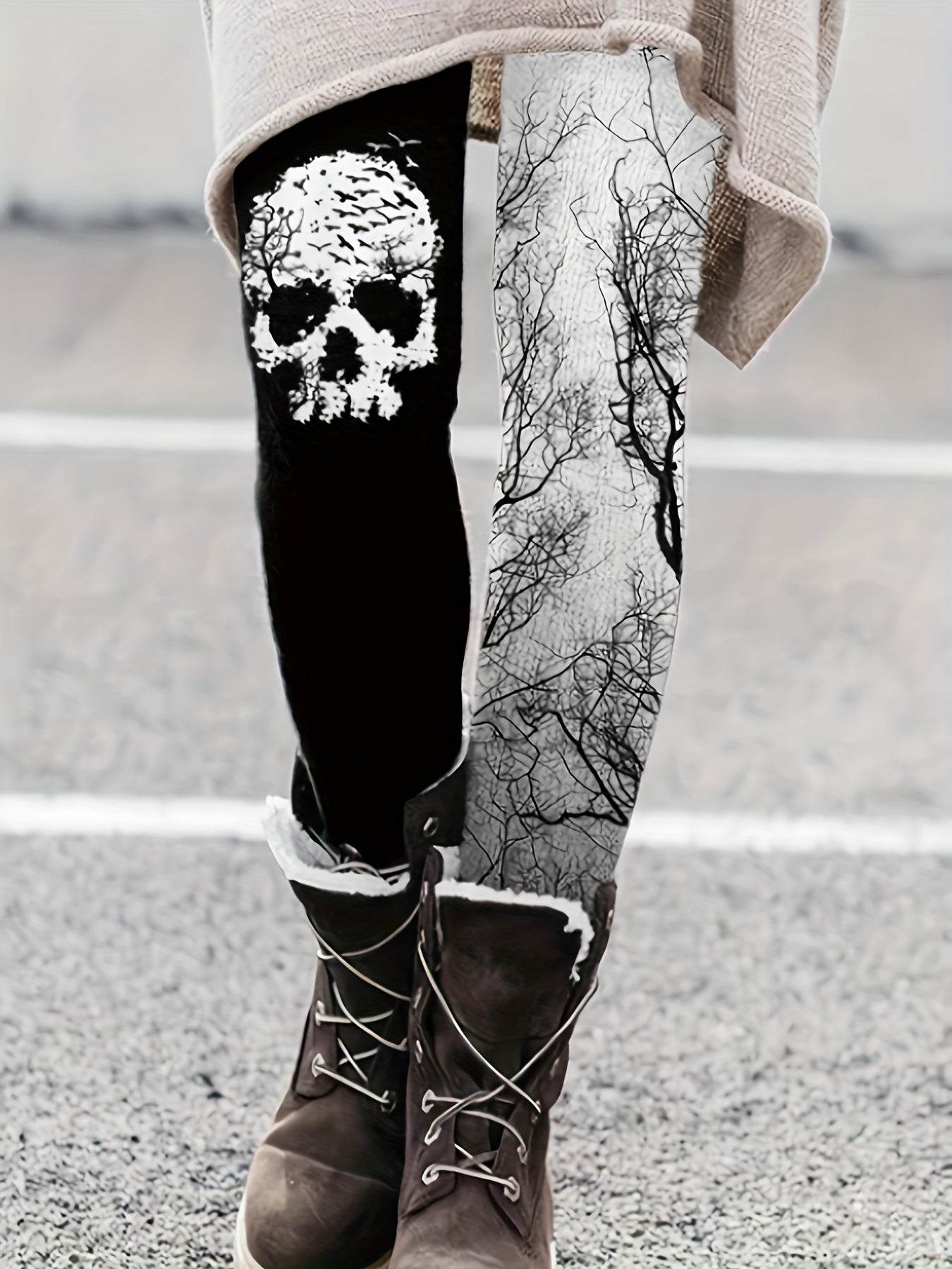  Colorblock Abstract Skull Print Skinny Trousers