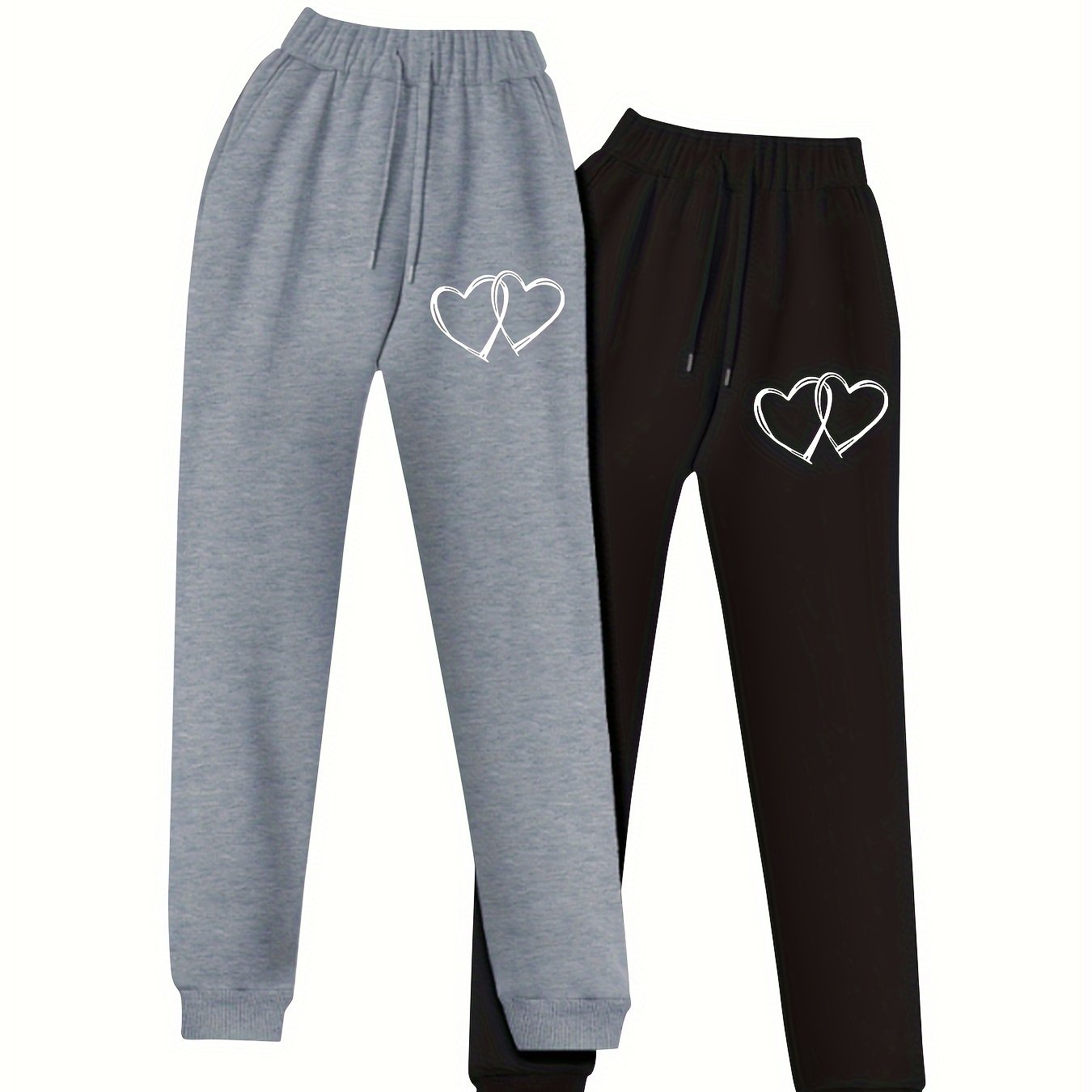 2 Pack Women's Plus Size Heart Print Fleece Liner Joggers Set