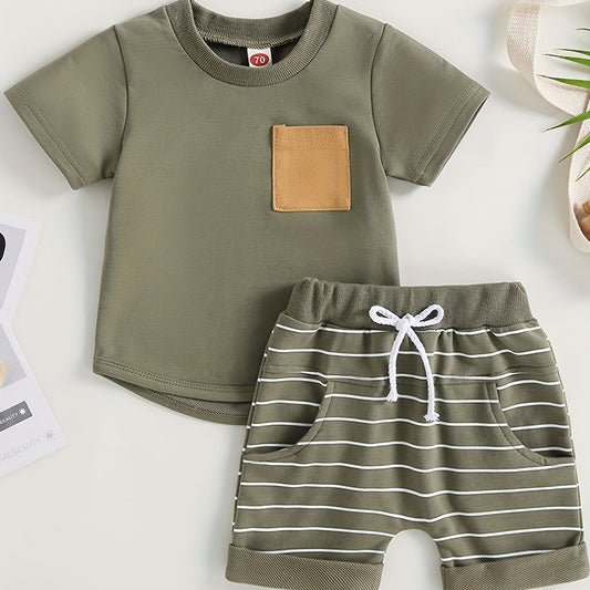 2pcs Baby Boys T shirt & Striped Shorts Set Casual Summer Clothes