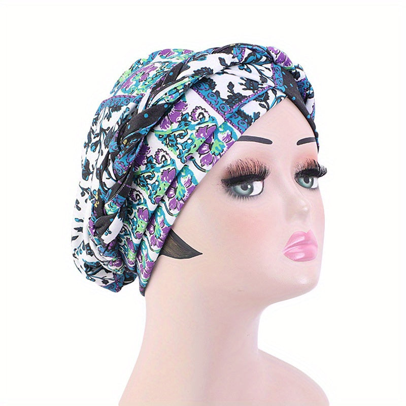 Boho Print Braided Turban Cap Vintage Pre-tied Bonnet Head Wrap Head Scarf