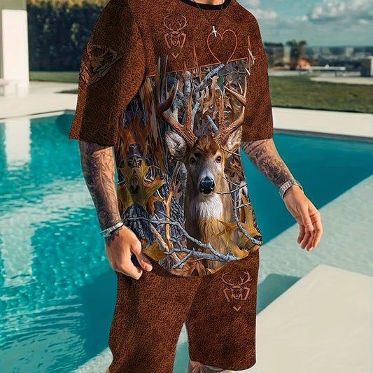Deer Pattern Men's 2 Piece Outfit Short Sleeve T-shirt & Shorts Set for Summer