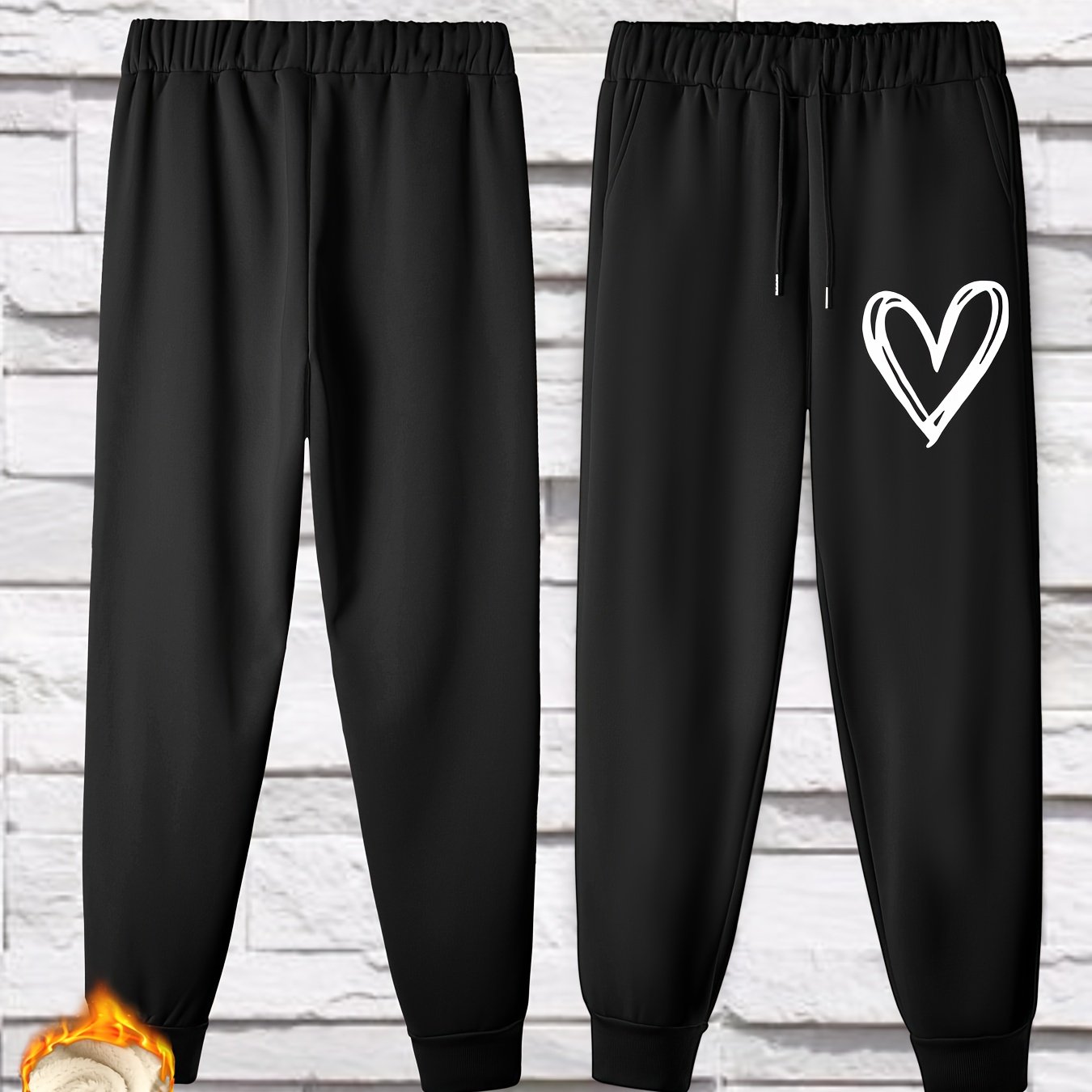  Heart Print Fleece Joggers with Drawstring Waist